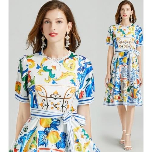 Vintage Blue And White Porcelain Dress Summer Women Vestidos Mujer Verano 2021 Robe Femme Runway Korea