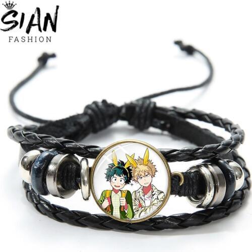 SIAN Lovely Hero Student Bracelet Anime My Hero Academia Boys Figures Print Glass Gem Leather Bracelets Handwoven Beaded Bangles