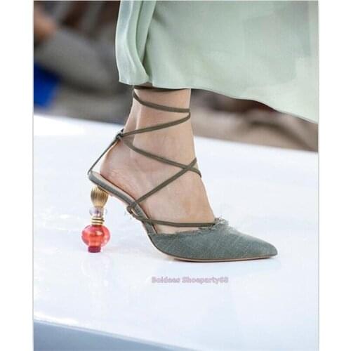 Sexy Metal Crystal Strange High Heel Sandals Women Lace Up Ankle Strap Party Dress Shoes Summer Woman