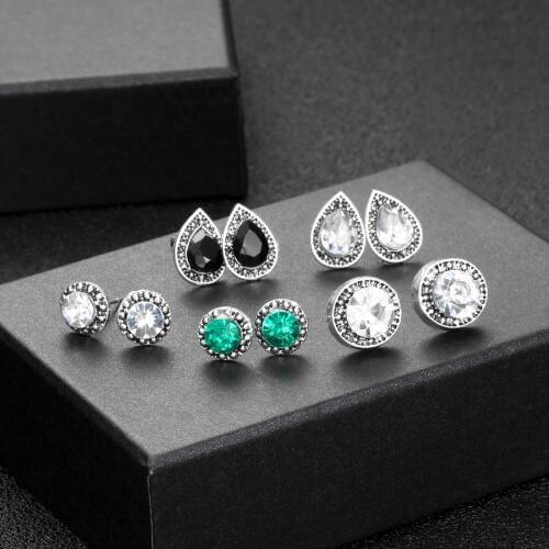 Hesiod Bohemia 5 Pairs/Set Stud Earring Set Waterdrop Round Green Black Crystal Earrings for Women Fashion Wedding Jewelry