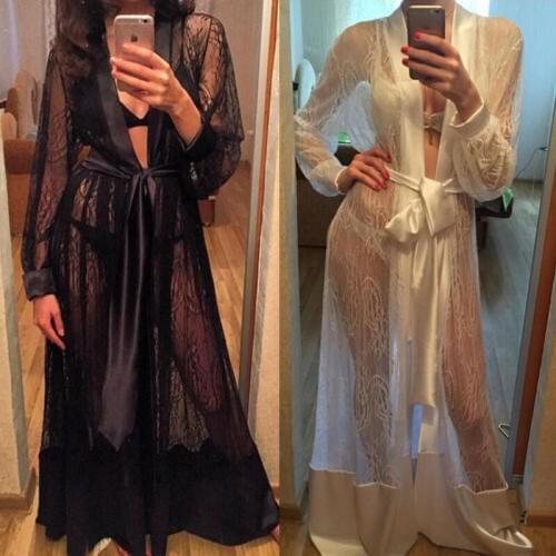 Hot New Women Sexy Satin Lace Robe Sleepwear Nightwear See Through Long Robe Lace Up Gown Bathrobe Sleep Nightdress