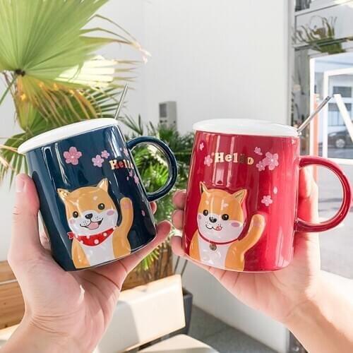 Cartoon Shiba Inu Creative Ceramic Cup with lid Spoon Net Red Water Cup Business Office Tea Cup Coffee Cup Student Mark Cup coup