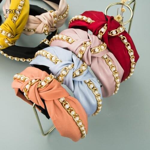 PROLY New Fashion Women Hairband Fresh Color Pearls Chain Headband Top Quality Center Knot Headwear Hair Accessories