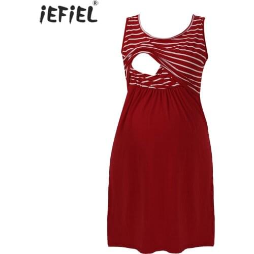 2021 Maternity Clothes Women Pregnant Nursing Nightshirts Breastfeeding Clothes Casual Stripe Sleeveless Dress Pregnancy Pajamas