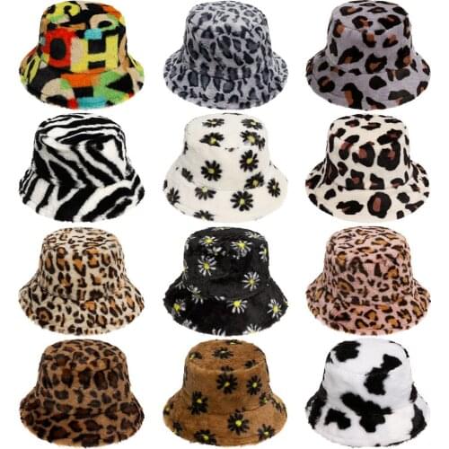 Fashion Women Bucket Hat Faux Fur Fisherman Cap Multicolored Rainbow Soft Warm Cloche Hats Winter Outdoor Casual Accessories