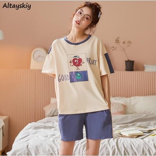 Pajama Sets Women Summer Fashion Loose Casual Chic Korean Style All Match Sleepwear Female Round Neck Tops Print Ulzzang Kpop