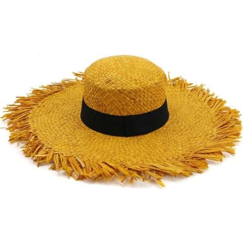 QBHAT Summer Raffia Straw Wide Brim Anti-UV Sun Hat with Untrimmed Edges Women Ladies Beach Sunshade Hat Sunhat