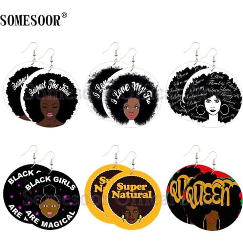SOMESOOR Super Natural Hair Afro Queen Wooden Drop Earrings Both Sides Printed Magical Black Girl Art Dangle For Women Gifts