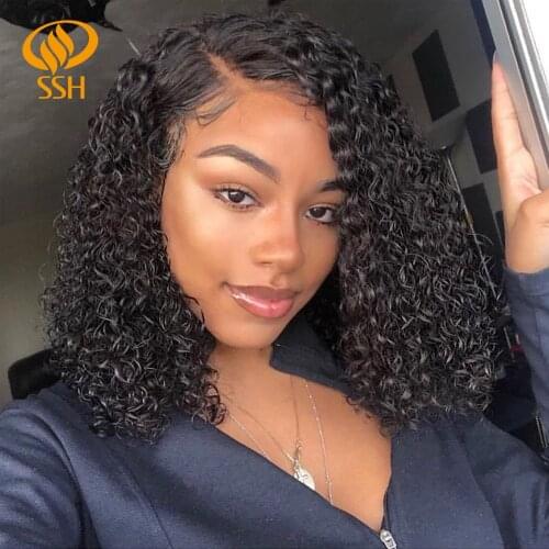 SSH Lace Part 150% Density Brazilian Remy Short Bob Curly Human Hair Wigs For Black Women Side Part Pre Plucked Hairline 14 Inch