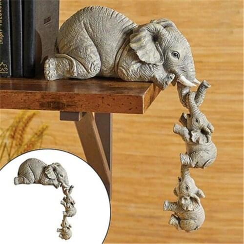 Elephant Sitter Hand-Painted Resin Figurines 3pcs Mother and Two Babies Hanging Off The Edge of Shelf Table Home Decoration