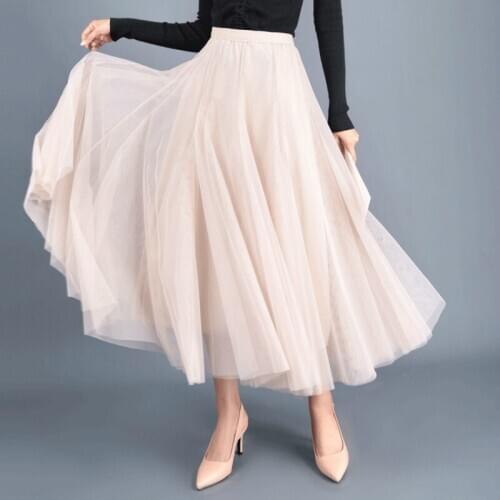 2020 Spring Summer Korean Version Of High Waist Gauze A Line Women Long Pleated Black Vintage Skirt Midi Tulle Skirts for Womens