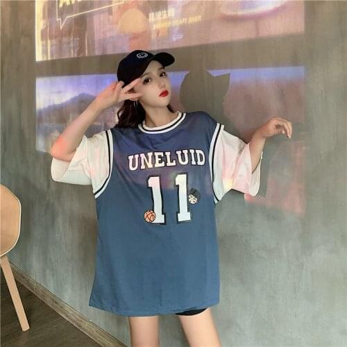 Female Korean Harajuku Retro Loose Ins Fake Two-piece T-shirt Womens T-shirts Tops Japanese Kawaii Ulzzang Clothes For Women