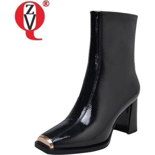 ZVQ Women New Style Ankle Boots Ladies Square Toe High Heels Side Zipper Black White Thick Heel Patent Leather Winter Booties