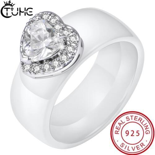 Trendy Crystal Engagement Ceramic Rings For Women AAA White Zircon Cubic Heart Rings Elegant Female Wedding Jewelry Gift