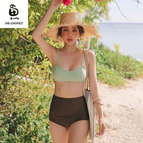 GSODET Push-Up Bikini Set 2021 New Women Summer Korean Ins Sexy Solid High Waist Bathing Suit Student Swimwear Beachwear