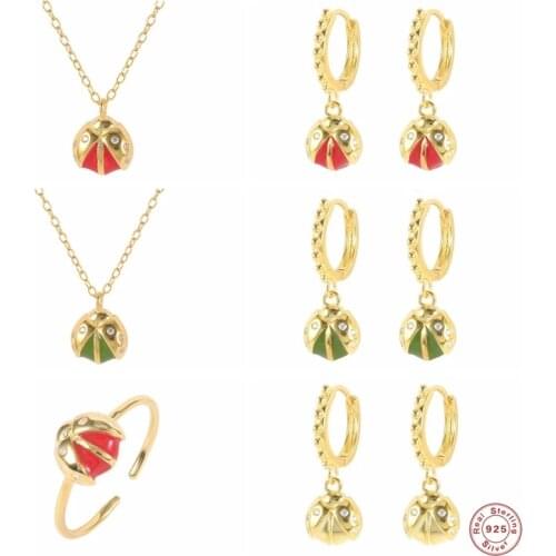 Aide 925 Sterling Silver Green Red Enamel Ladybug Pendant Necklace Circle Dangle Earrings Opening Adjustable Rings Jewelry Set