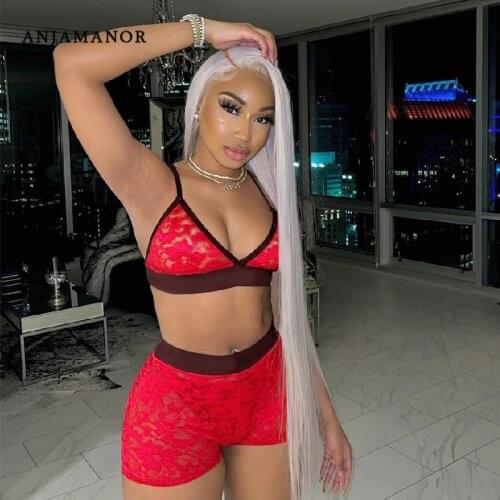 ANJAMANOR Sexy Lace Bra Crop Top Shorts Sets Plus Size Women Summer Clothing 2021 Club Festival Outfit Wholesale Items D89-CZ15