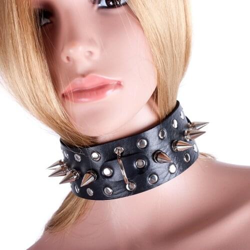 PU Leather Neck Spiked Rivets Collar With Pull Ring Adjustable Belt Slave Fetish Bondage SM Cosplay Adult Sex Toys For Couples