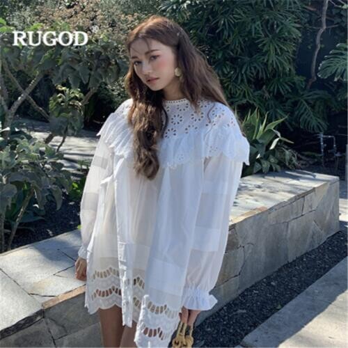 RUGOD Loose Hollow out Lace Edge Mini Women Dress O neck Ruffled Collar Patchwork Elegant Sweet Lolita Style Spring vestido