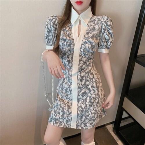 Women Dress French Puff Short Sleeve Vintage Floral Print Turn-down Collar Hollow Out Elegant Femme Dresses Mini A-line
