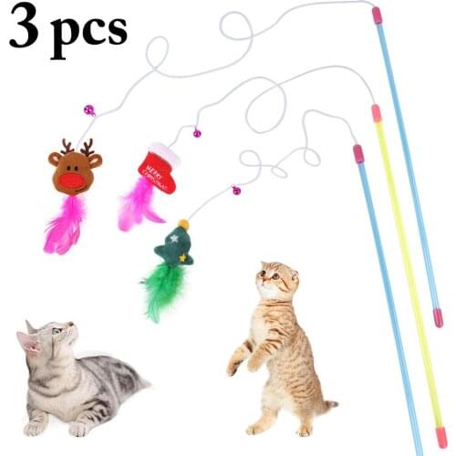 3pcs/Set Multicolor Christmas Kitten Toys Cat Interactive Toy Pet Wand Toys Fake Feather Cat Teaser Wand Funny Pet Supplies