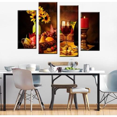 4 Panels Red Wine Wonderful Fruit Nut Poster Print On Canvas Painting Wall Art Pictures For Living Room Restaurant Home Decor