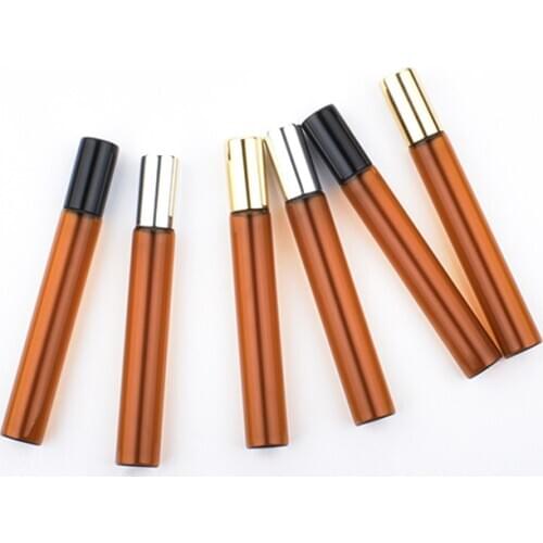 50pcs/lot 10ml Amber Thin Glass Roll on Bottle Sample Test Essential Oil Vials with Roller Metal /Glass Ball