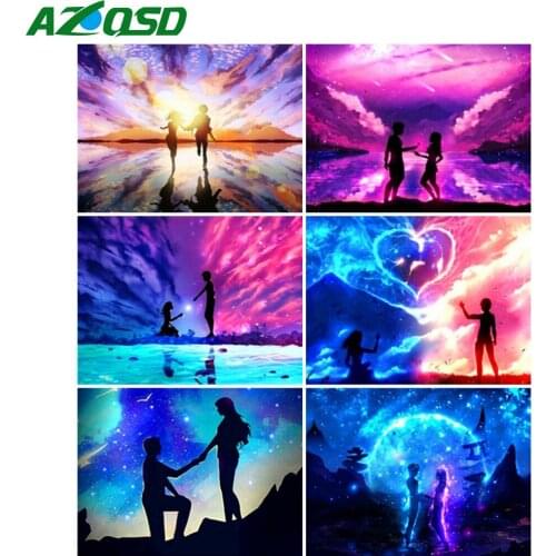 AZQSD Full Square Diamond Embroidery Couple Sunset Mosaic Needlework Diamond Painting Portrait Cross Stitch Home Decoration