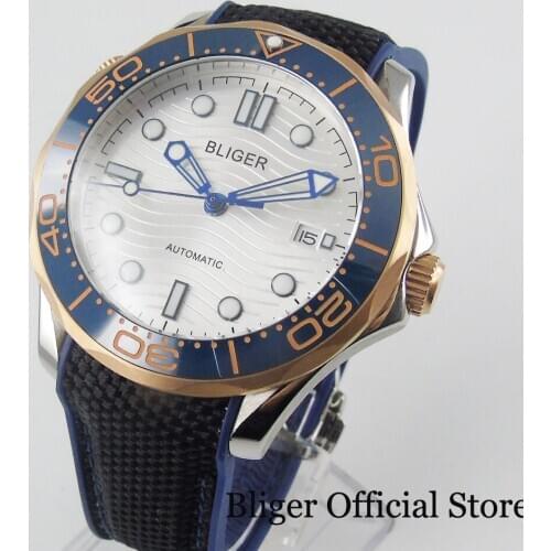 BLIGER High Quality 41mm Rose Gold Coated Men Watch Automatic Movement White Dial Ceramic Bezel Rubber Strap MIYOTA Movement