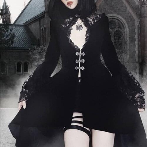 Black goth dress Elegant sexy lace patchwork long flare sleeve button embellished high low dress Vestidos gothic medieval
