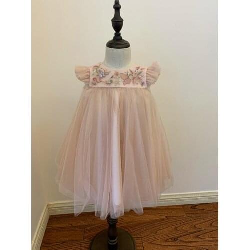 2021 Presale May 25th Summer girls dress embroidered floral sleeve pink colour high quality princess party dresses