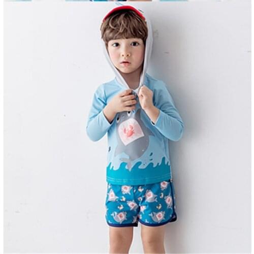 1-8 Y Boys Rash Guards Kids Two Piece Swimwear Light Blue Fish Pattern Sandy Beachwear Child Surfing Suit Baby Swimsuit