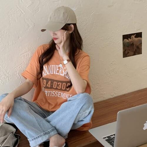 Summer new T-shirt alphanumeric printing all-match half-sleeved round neck loose mid-length T-shirt college style female