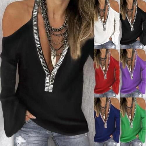 Fashion Solid Color With Sequins Long Sleeve Tops Sexy Deep V-Neck Off Shoulder Splice New Cotton T-Shirts For Autumn 2021 Lady