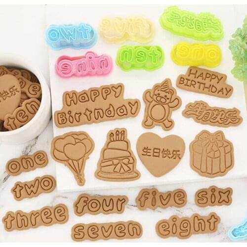 Cartoon Number Letter Biscuit Plastic Mold 3D Household Happy Birthday Baking Biscuit Cutter Mold Kitchen Gadgets