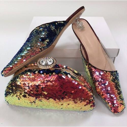 New fashion champagne women sequins shoes with big crystal decoration african dress shoes match handbag set CR421,heel 4.8CM