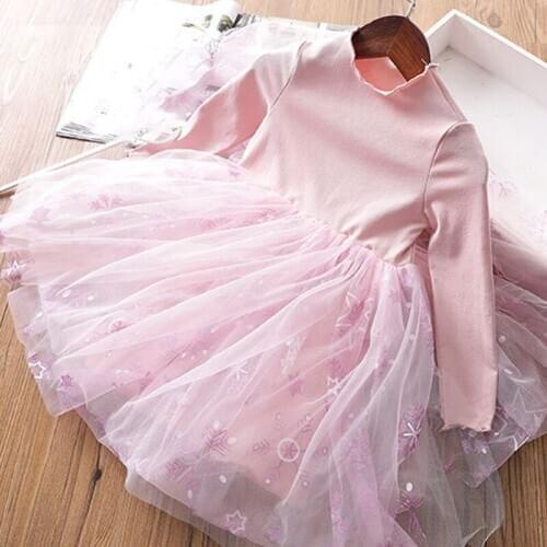 2020 Autumn New Girl Dress Girl Autumn Winter Baby European American Ruffles Long Sleeve Clothing Star Net Yarn Princess Dress