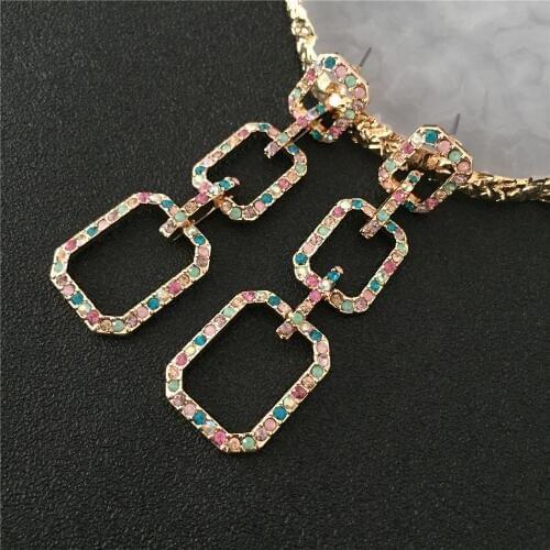 New Fashion Elegant Drop Earrings Gold Color Alloy with Rainbow Glass Linked 3 Squares Dangle Earrings for Women party Jewelry