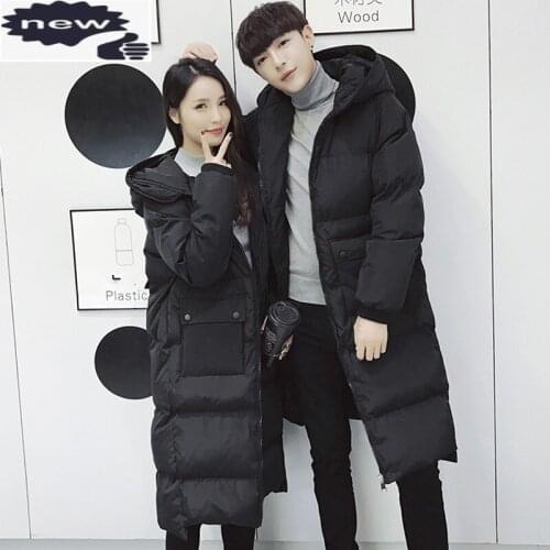 Korean Boyfrend Oversize Lovers Down Mens Long Coat Pockets Hooded Jacket Thicken Cotton Lining Winter Parka Overcoats