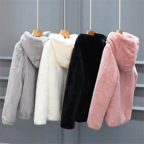 Fashoin Autumn Winter Coat Women Short Coat Warm Thick Faux Mink Fur Coats Female Long Sleeve Jacket Hooded Zippers Outwear A725