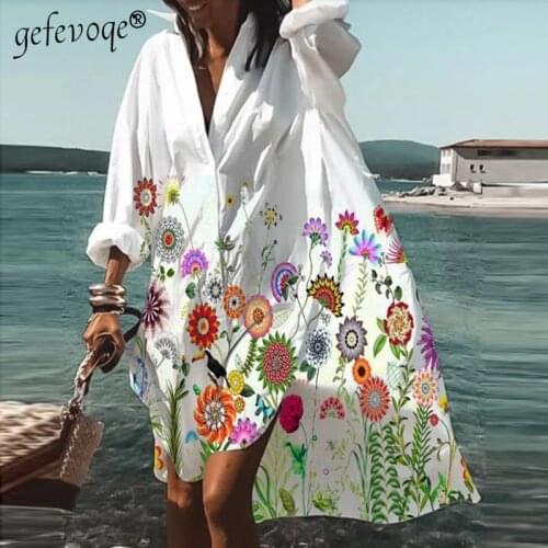 Button Long Sleeve Floral Shirts Dress Womens Clothing 2021 Summer Fashion Elegant Party Print Beach Loose Casual Dresses Female