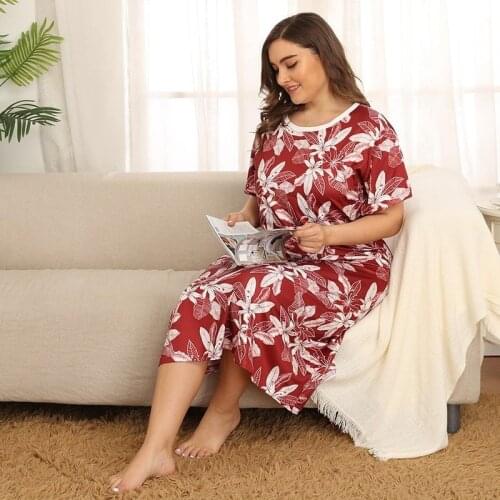 Plus Size Casual Nightdress Summer Sexy Nightgown Sleepwear Print Short Sleeve Nightwear Women Mid-Calf Bathrobe Homewear 4XL