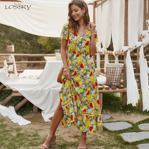 Women Midi Dress Summer Casual Flower Print Side Slit Red Long Sundresses Ladies Yellow Fitted Clothing Everyday 2020 Fashion