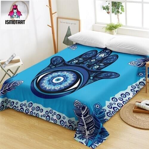 Evil Eye Hamsa by Ismot Esha Bed Sheet Mandala Flat Sheet Hand Blue Hippie Bedspreads Peacock Feather Printed juego de sabanas