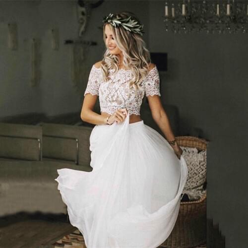 Hot Sale Charming Boho Two Pieces Bridal Wedding Gowns Lace Top Short Sleeves Bateau Neckline Wedding Dresses for Bride 2021