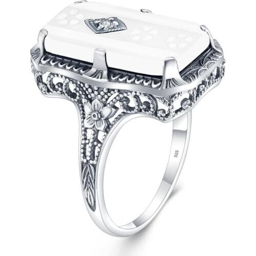 Szjinao Real Silver 925 Ring For Women Pure 925 Sterling Silver Undefined Rings With Agate White Gemstones Punk Turkish Jewelry