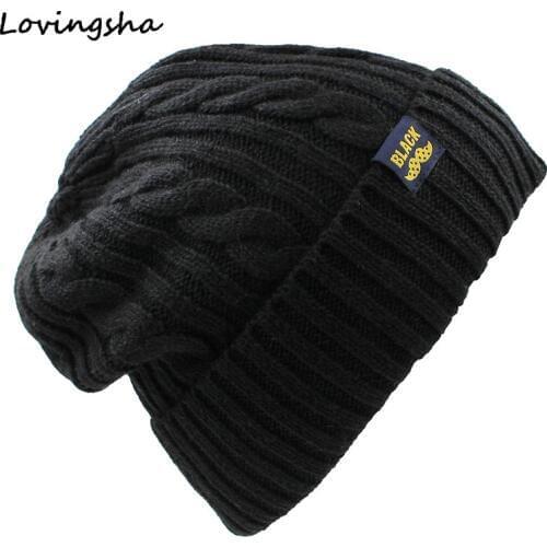 LOVINGSHA Faux Fur Knitted Hat Men Beanies Warm Baggy Bonnet Hats For Men Women Beanie Mens Knit Skullies Winter Hat Caps HT046