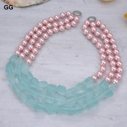 GuaiGuai Jewelry 18"-22" 3 Strands Pink Sea Shell Pearl Blue Quartz Rough Necklace