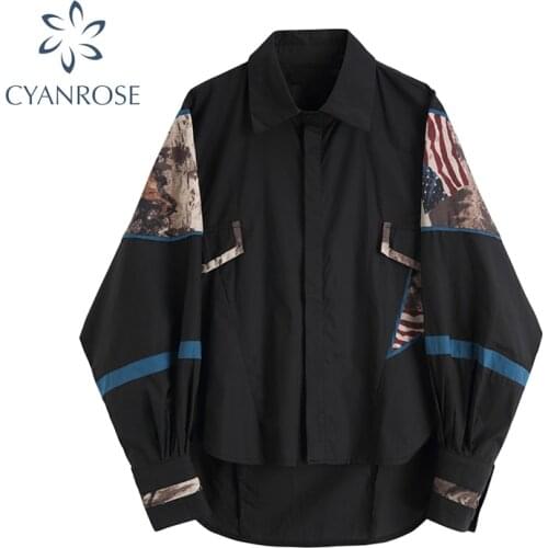 2021 Autumn Vintage Print Sticker Loose Shirt Womens Streetwear Printed Long Sleeve Stand-Collar Versatile Blouse Top Female