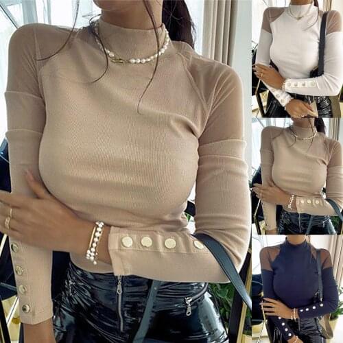 2021 Autumn Spring Casual Women Blusa Sexy Buttons Turtle Neck Long Sleeve Blouse Transparent Mesh Shirts Patchwork Pullover